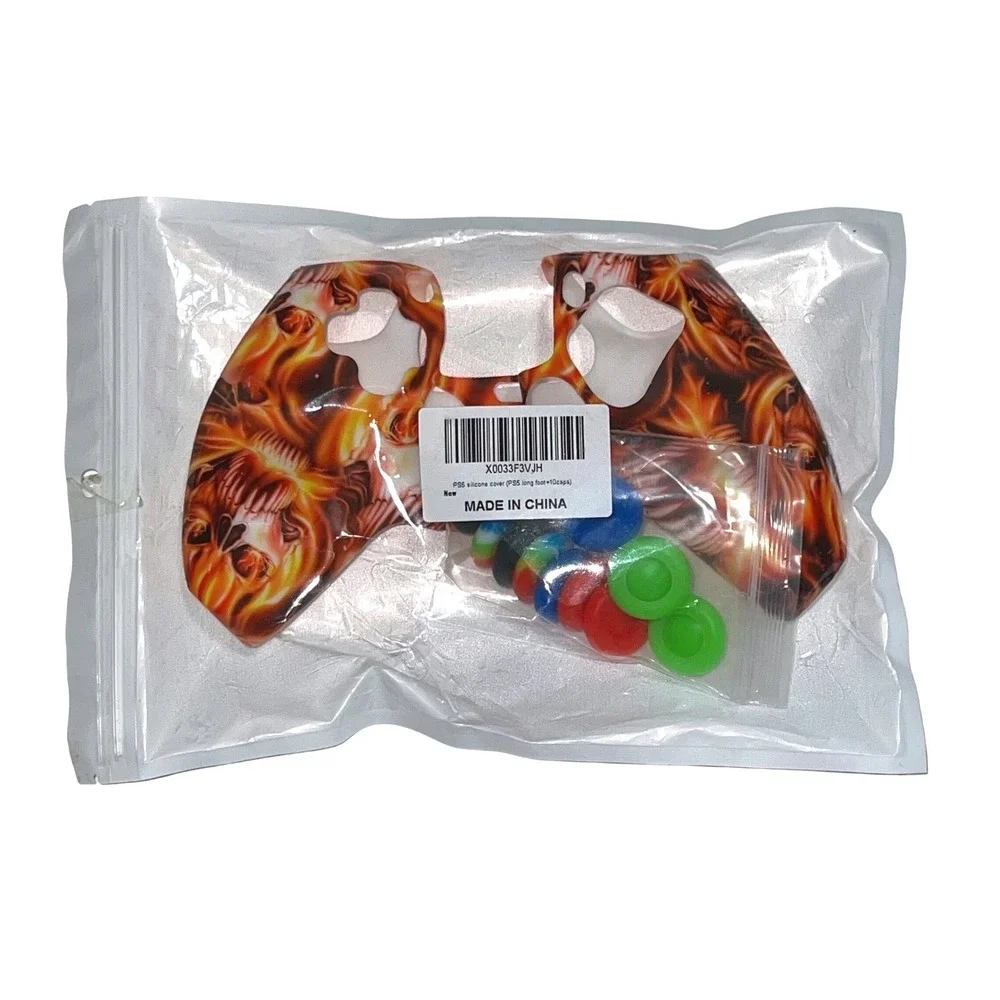 PS5 DualSense Controller Silicone Skin Case Fire Skull Design 10 Thumb Grips